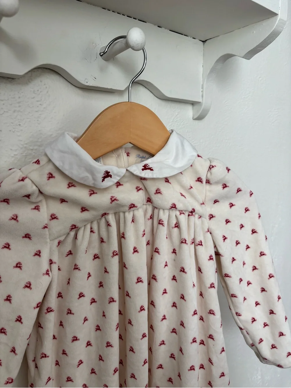 Ralph Lauren Baby Girls Christmas Velvet Dress 18M Red Reindeer Peter Pan Collar
